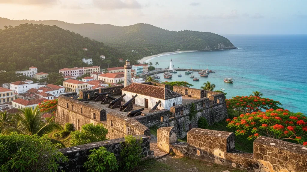Histórico Fuerte King George en lo alto de una colina sobre el puerto de Scarborough, Tobago Occidental, con vistas al mar Caribe