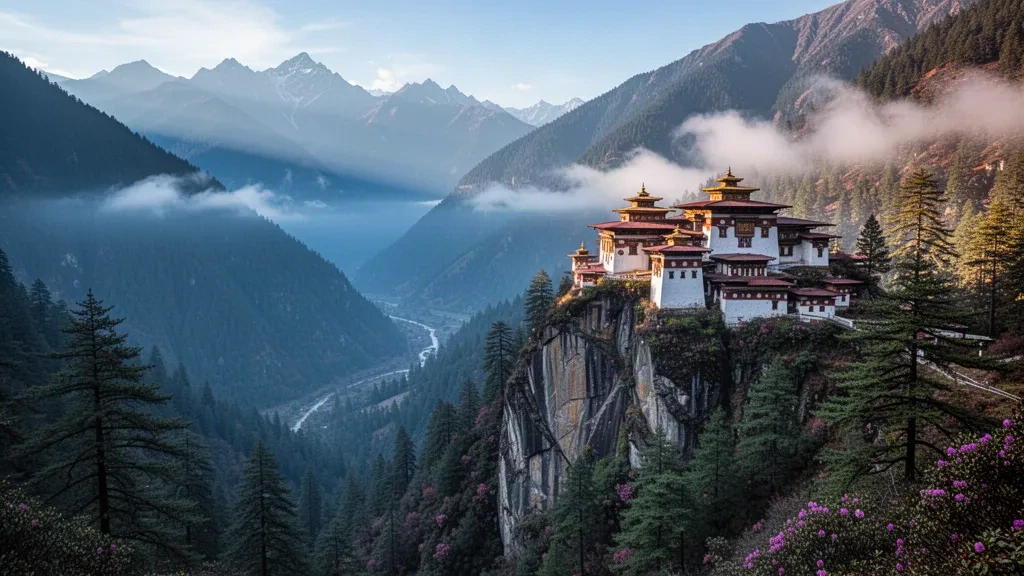 Tiger's Nest Monastery clinging to a granite cliff above the Paro Valley in Bhutan, surrounded by misty Himalayan forest at sunrise