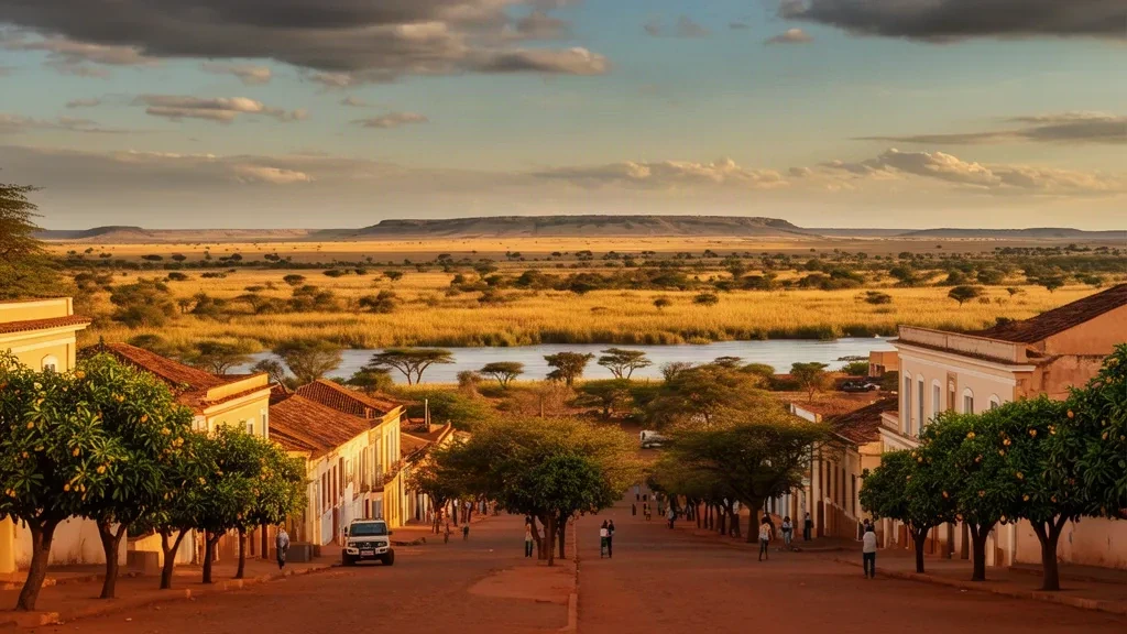 Vue à l'heure dorée sur Menongue dans le Cuando Cubango, en Angola, avec des avenues bordées d'arbres, des bâtiments bas et la savane au-delà