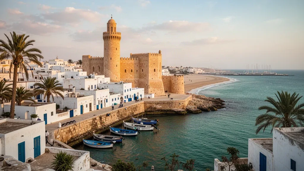 Golden-hour view of the historic Ribat fortress and whitewashed old town of Monastir above the Mediterranean Sea in Tunisia