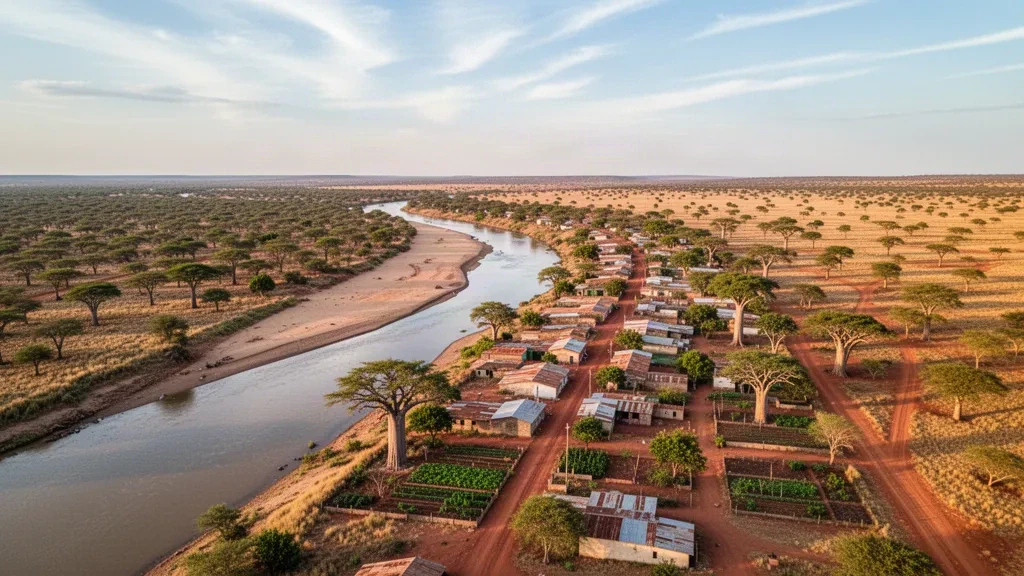 Vue en hauteur de Menongue dans le Cuando Cubango, en Angola, où la rivière Cubango serpente à travers la forêt de savane et les bâtiments bas de la ville