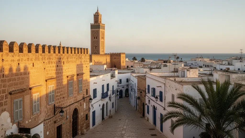 Blick zur goldenen Stunde über die ummauerte Medina von Sfax, Tunesien, mit dem Minarett der Großen Moschee, das über weiß getünchte Dächer ragt