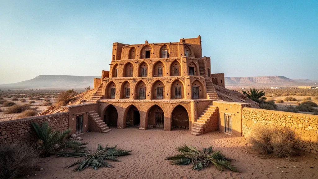 Golden sandstone ghorfa vaults of Ksar Ouled Soltane near Tataouine, Tunisia, glowing in warm desert afternoon light