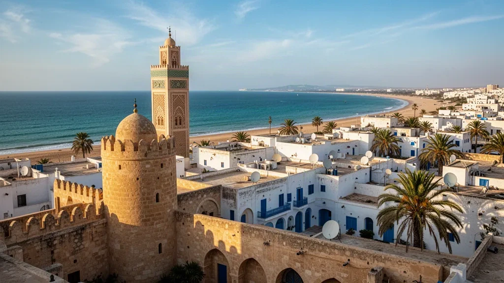 Medina de Susa encalada con la fortaleza del Ribat y el minarete sobre la costa mediterránea en Túnez