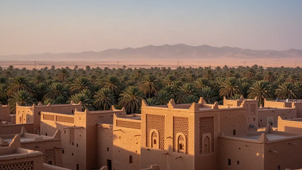 Vista all'ora d'oro sull'oasi di palme da dattero di Tozeur con le facciate in mattoni a nido d'ape della vecchia medina in Tunisia