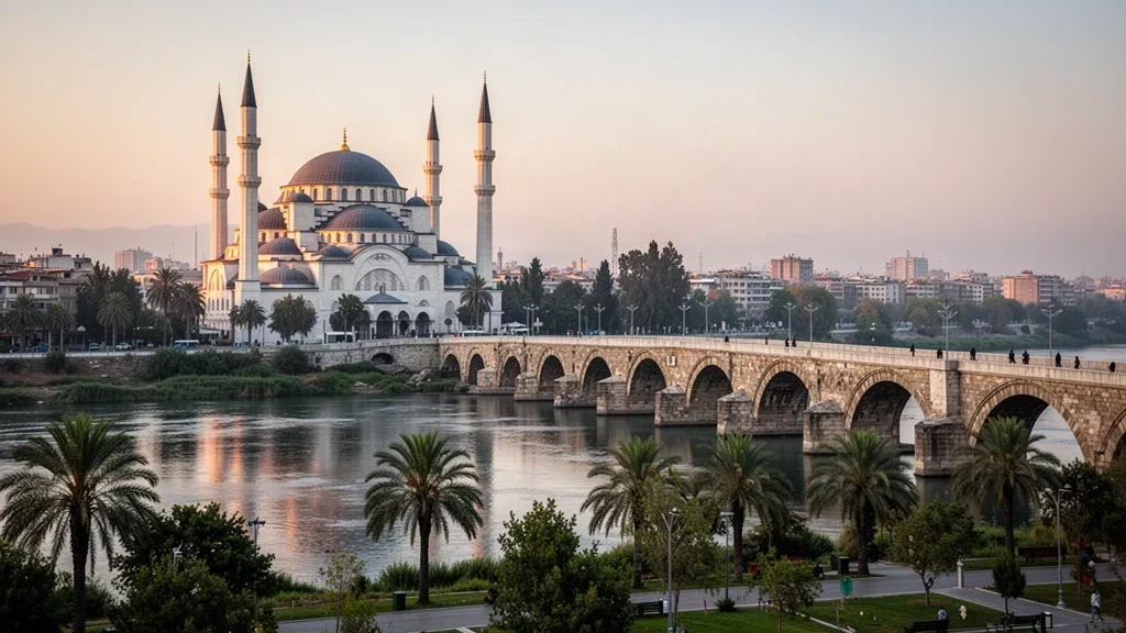 Skyline di Adana con lo storico ponte Taşköprü e la Moschea Centrale Sabancı riflessi nel fiume Seyhan durante l'ora d'oro