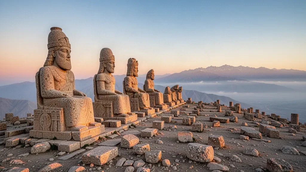 Amanecer sobre el monte Nemrut en Adıyaman, Turquía, con antiguas estatuas colosales de piedra en la cima.