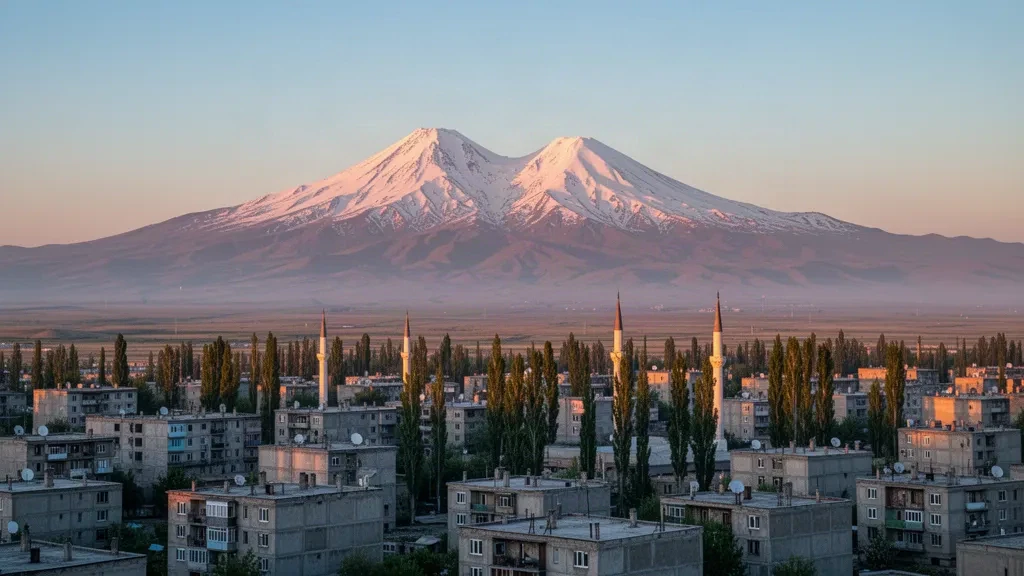 Snow-capped Mount Ararat rising behind the city of Ağrı in eastern Turkey under warm golden-hour light