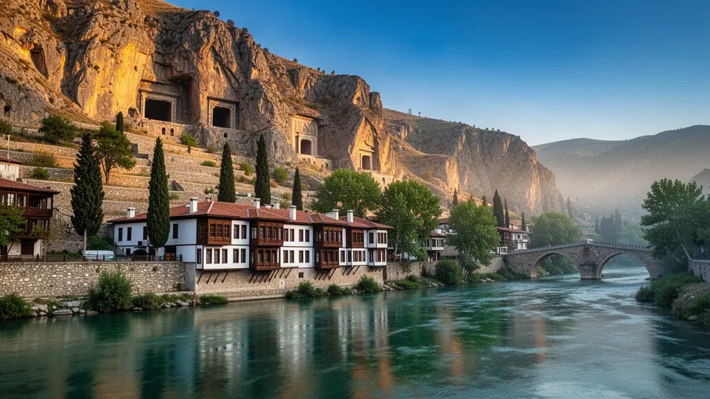 Dimore ottomane sul lungofiume e antiche tombe rupestri del Ponto scavate nel Monte Harşena sopra il fiume Yeşilırmak ad Amasya, Turchia