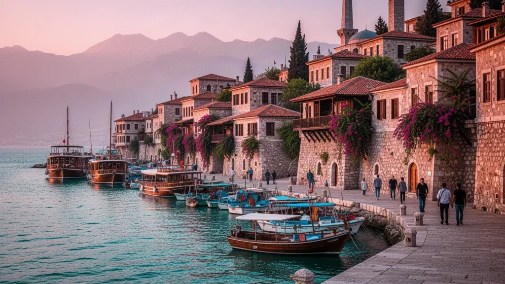 Golden-hour view of Antalya's Kaleiçi old harbour with wooden boats, Ottoman houses and the Taurus Mountains on Turkey's Mediterranean coast