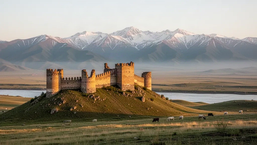 Steinerne Festung der Burg von Ardahan auf einem Hügel über dem Tal des Kura in Ardahan, Türkei, beleuchtet vom goldenen Licht des späten Nachmittags