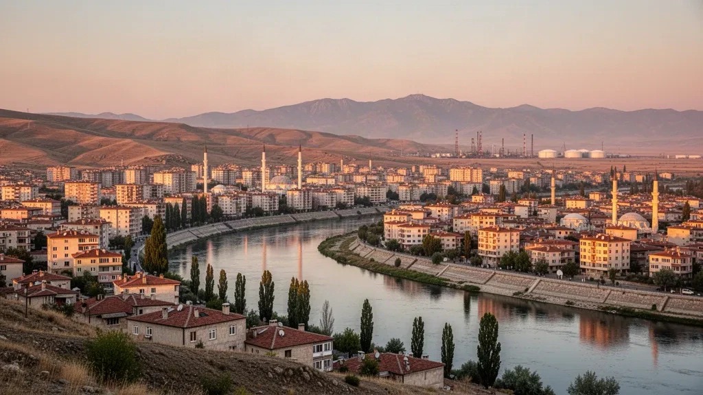 Golden-hour view over Batman, Turkey, with the Batman River, minarets, rooftops and hazy mountains beyond