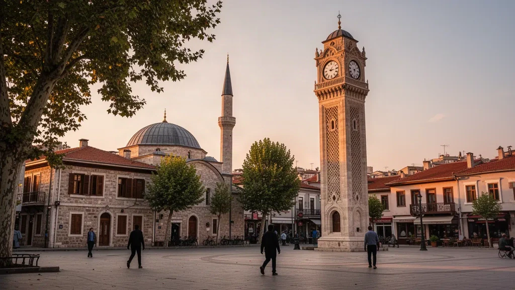 La tour de l'horloge de Balıkesir s'élevant au-dessus de la place historique de la ville avec les dômes des mosquées de l'époque ottomane à l'heure dorée en Turquie