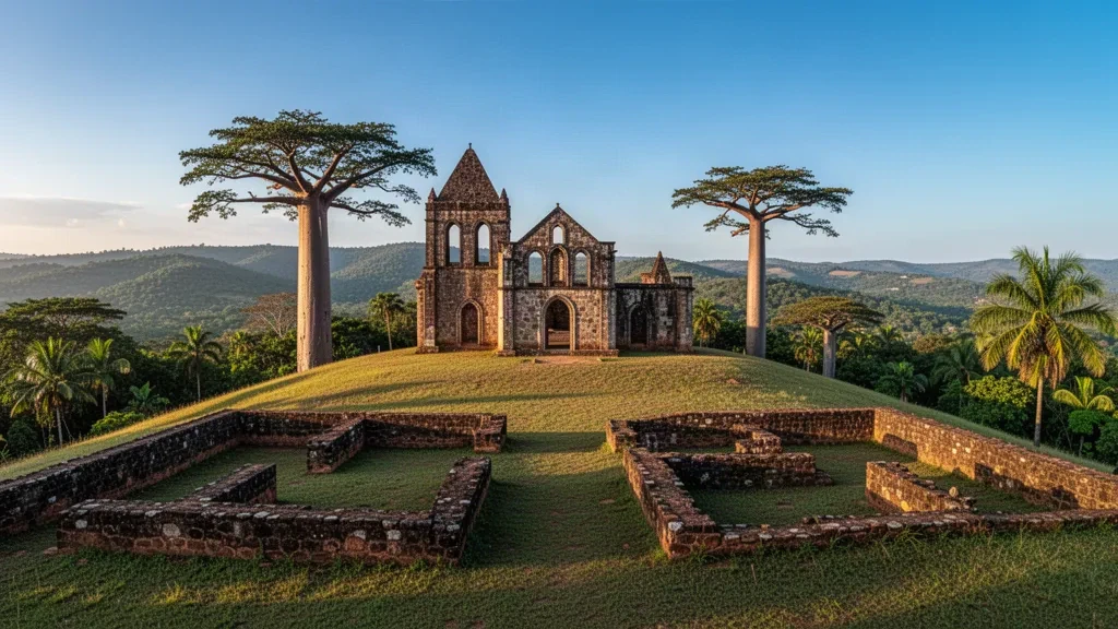 Steinruinen und grüne Hügel am UNESCO-Welterbestandort Mbanza Kongo in Angola während der goldenen Stunde.