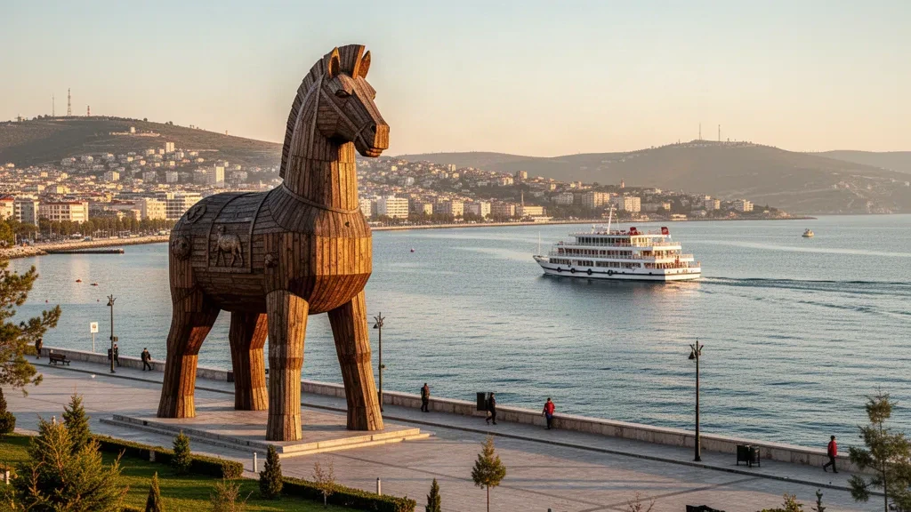 La statue en bois du cheval de Troie sur la promenade du front de mer de Çanakkale, avec le détroit des Dardanelles et des ferries sous la lumière dorée du soir.
