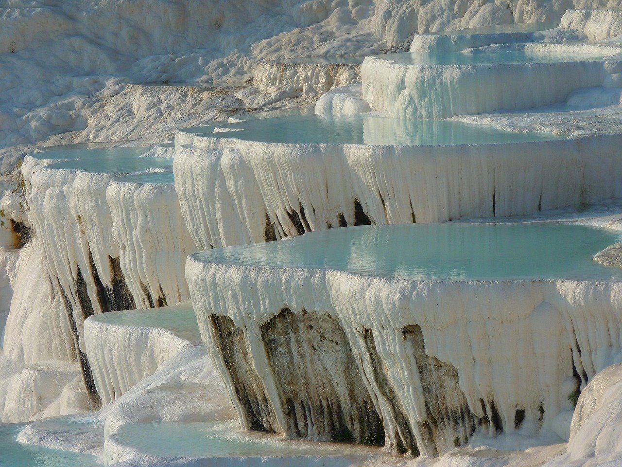 Kalziumterrassen, Terrassen, Touristenattraktion, Weltkulturerbe, Travertinbecken, Thermalquelle, heiße Quelle, Natur, Kalkterrassen, Pamukkale Thermalbecken, Pamukkale, Denizli, Türkei, Pamukkale, Pamukkale, Pamukkale, Türkei, Türkei, Türkei, Türkei