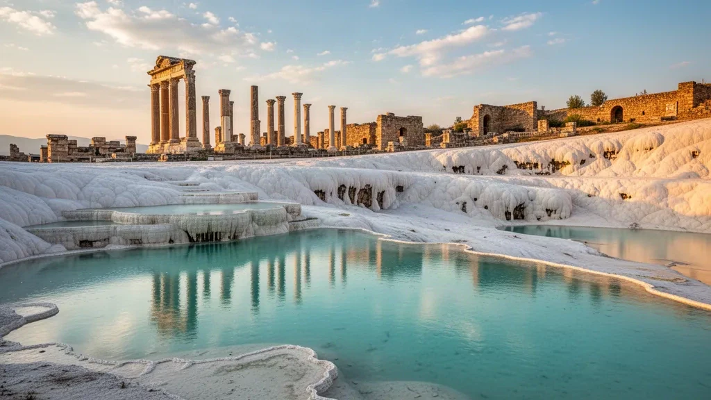 Bianche terrazze di travertino e piscine termali turchesi a Pamukkale vicino a Denizli, Turchia, con le antiche rovine di Hierapolis sullo sfondo.