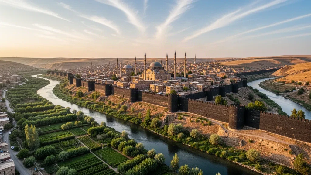 Diyarbakır'ın antik siyah bazalt surları ve Hevsel Bahçeleri, altın saatte, Dicle Nehri ve tarihi minarelerle birlikte.