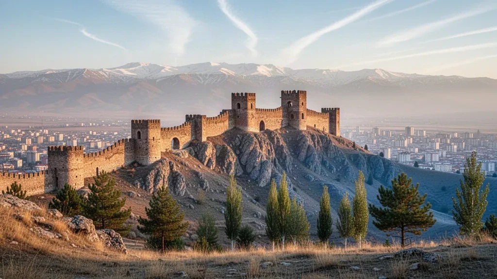 Antiguas murallas de piedra del Castillo de Harput en una colina rocosa con vistas a la ciudad de Elazığ, Turquía, a la hora dorada