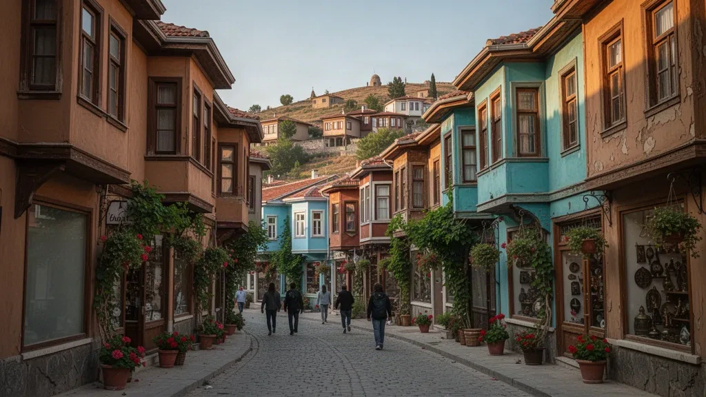 Casas otomanas restauradas y coloridas bordeando un callejón empedrado en el histórico distrito de Odunpazarı de Eskişehir, Turquía
