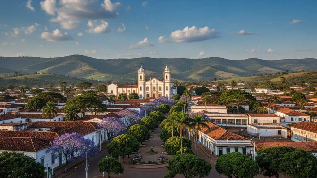 Paisaje urbano de las tierras altas de Huambo, Angola, con torres de catedral, tejados de terracota y avenidas bordeadas de jacarandás bajo colinas verdes