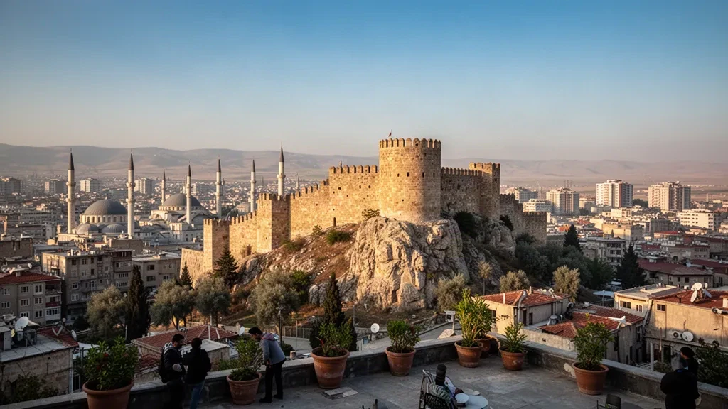 Forteresse en pierre du château de Gaziantep sur sa colline au-dessus des toits de la ville historique de Gaziantep, en Turquie, à l'heure dorée