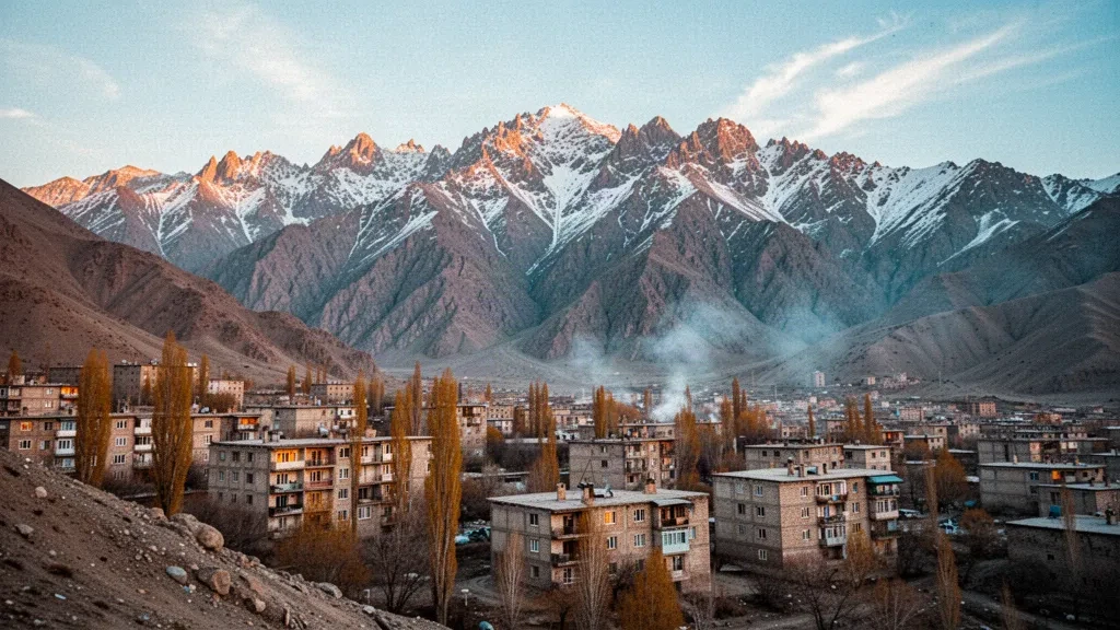 Stadtzentrum von Hakkâri im Südosten der Türkei, umgeben von rauen, schneebedeckten Bergen zur goldenen Stunde