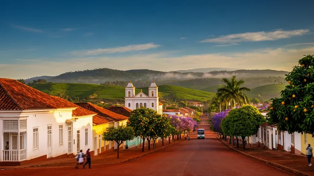 Vista durante la hora dorada sobre Uíge, Angola, con arquitectura colonial, torres de catedral y colinas verdes de plantaciones de café