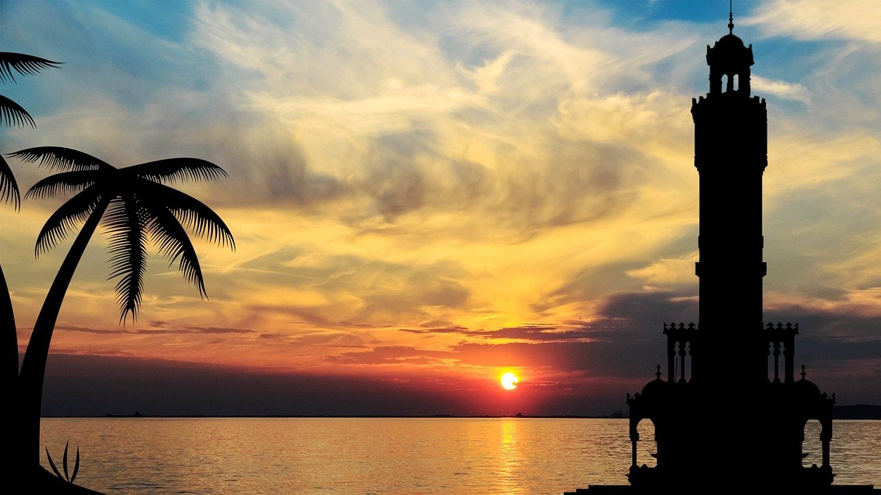 izmir, tour de l'horloge, égéen, turquie, art, symbole, temps, date, tour, manoir, ottoman, architectural, place, nature, coucher de soleil, soleil, après-midi, région égéenne, vecteur