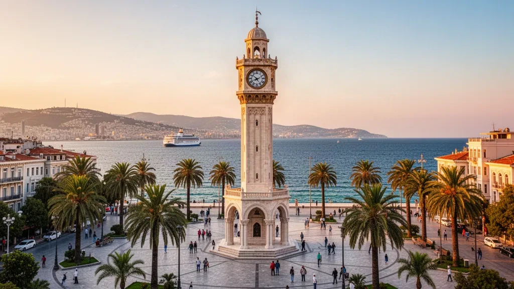 Storica Torre dell'Orologio di Izmir a Piazza Konak, Turchia, con palme e lungomare egeo all'ora d'oro