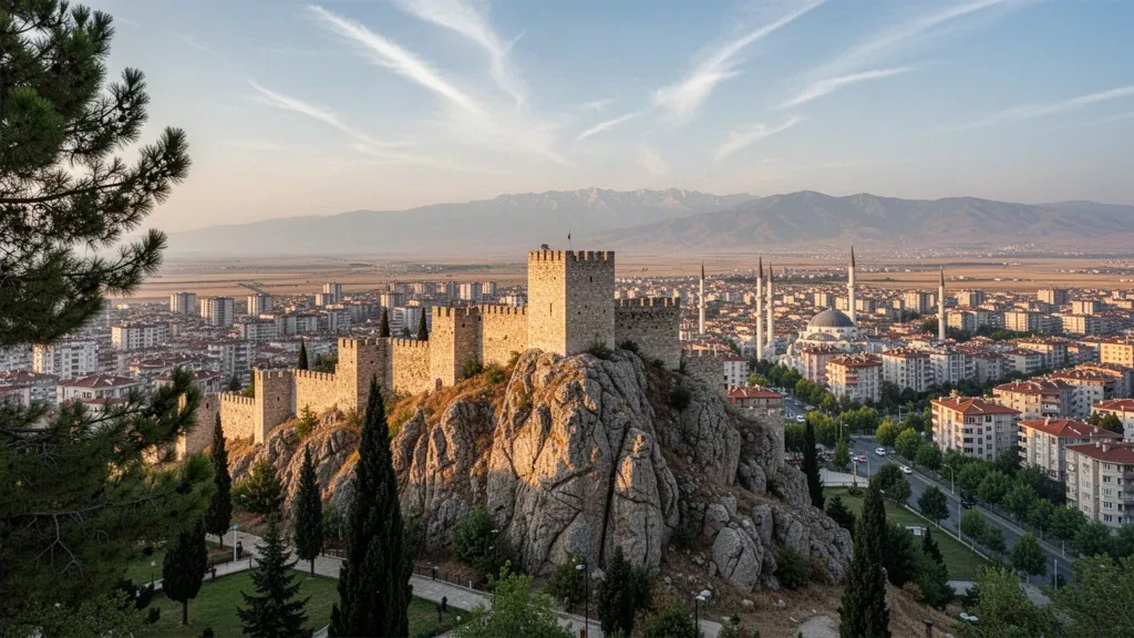 Kahramanmaraş Castle stone ramparts above the city skyline of Kahramanmaraş, Turkey at golden hour