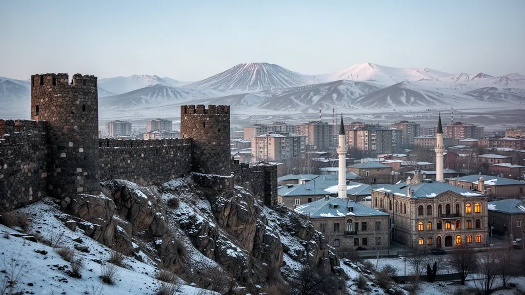 Le château de Kars sur sa colline rocheuse au-dessus des toits enneigés de Kars, dans l'est de la Turquie, sous un ciel d'hiver dégagé