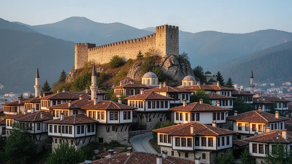 Kastamonu Castle perched above traditional Ottoman timber houses and terracotta rooftops in Turkey at golden hour