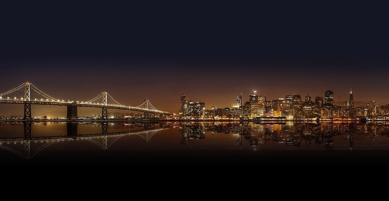 architecture, nature, bridge, buildings, city, city lights, cityscape, downtown, night, panoramic, reflection, sea, skyline, skyscrapers, suspension bridge, urban, water, usa, america, illuminated, water reflection, mirroring, mirror image
