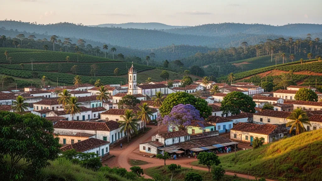 Veduta elevata dell'ora d'oro su Uíge, Angola, con edifici coloniali dai tetti rossi, una torre di chiesa e verdi altopiani coltivati a caffè sullo sfondo.