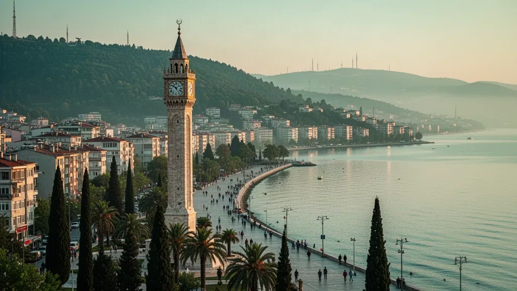 Blick zur goldenen Stunde auf den Uhrturm von İzmit und die Uferpromenade entlang der Bucht von İzmit in Kocaeli, Türkei, mit grünen Hügeln hinter der Stadt
