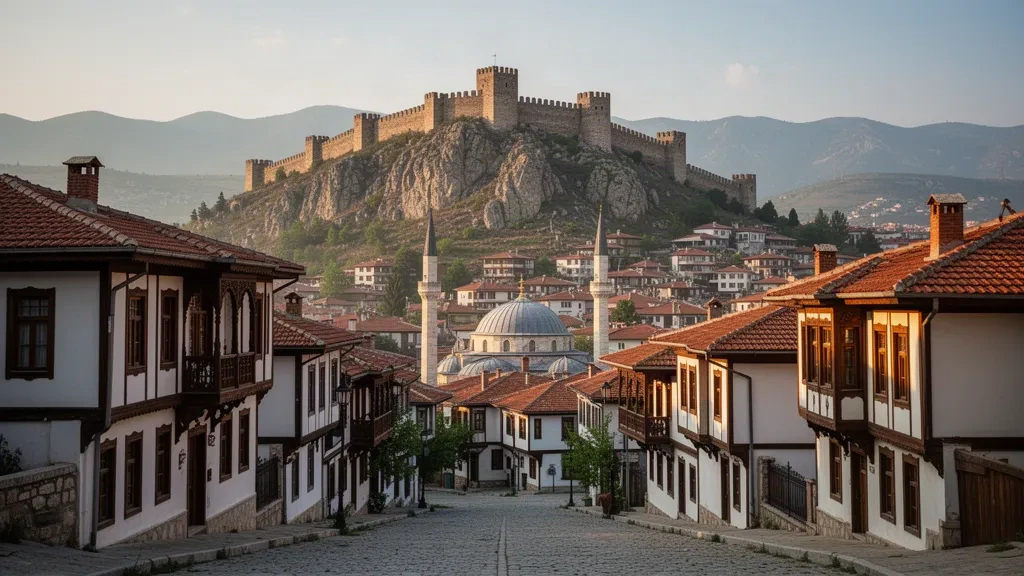 Murs de pierre du château de Kütahya s'élevant au-dessus des maisons traditionnelles ottomanes en bois et des minarets à Kütahya, en Turquie, dans une lumière chaude de fin d'après-midi