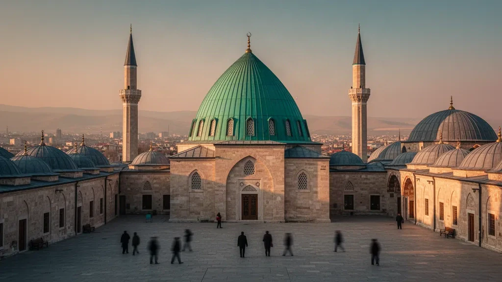 Cúpula turquesa y minaretes del Museo Mevlana en Konya, Turquía, resplandeciendo a la hora dorada junto a la histórica mezquita de Selimiye.