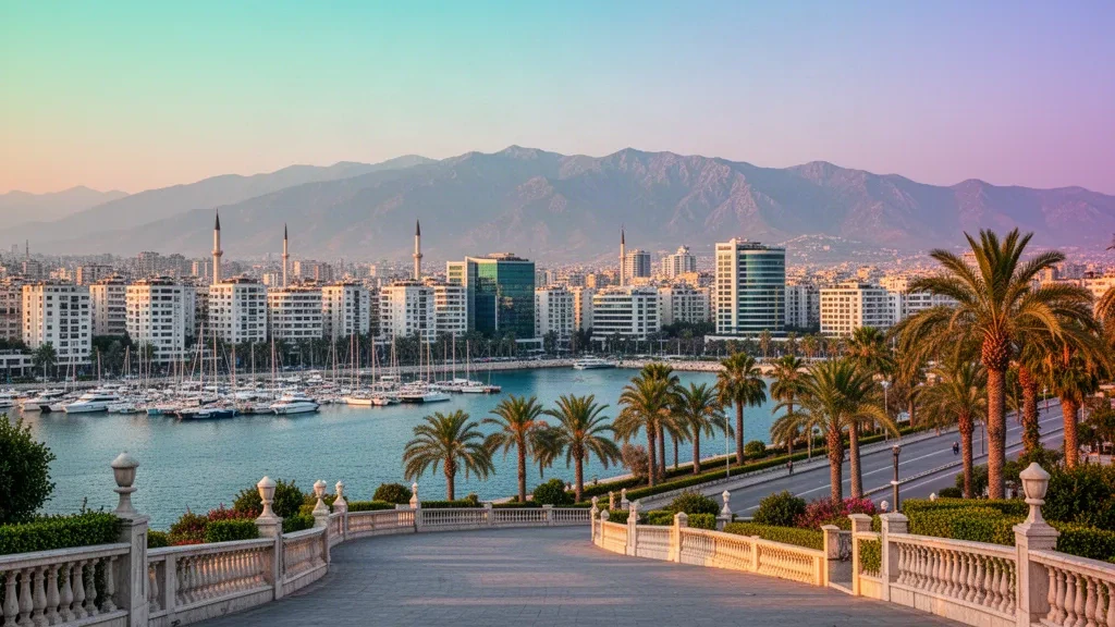 Palmengesäumte Uferpromenade von Mersin an der mediterranen Küste der Türkei mit vertäuten Booten, Skyline der Stadt und dem Taurusgebirge dahinter
