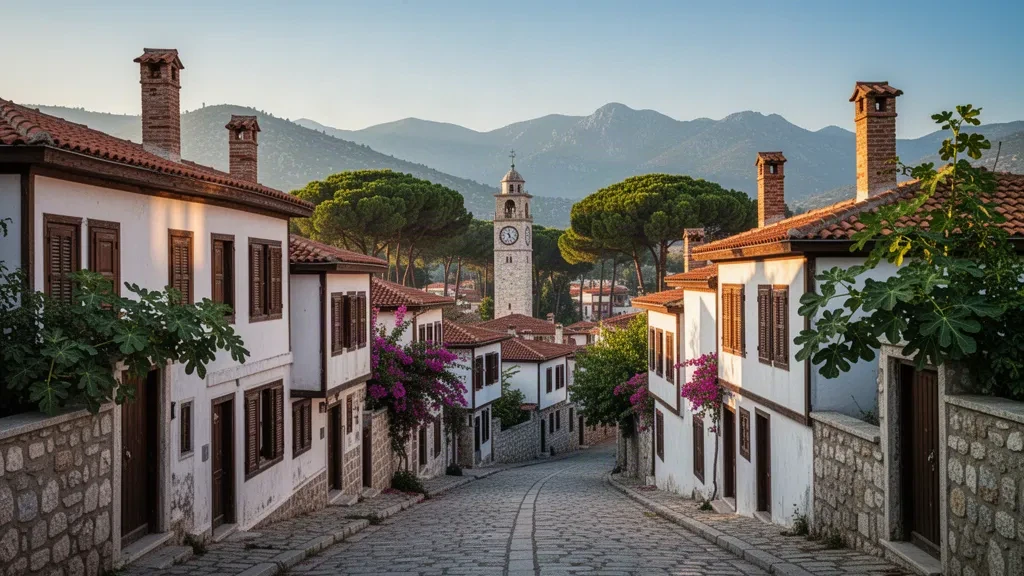 Maisons traditionnelles blanchies à la chaux et tour de l'horloge historique dans la vieille ville de Muğla, en Turquie, baignées d'une douce lumière de fin d'après-midi