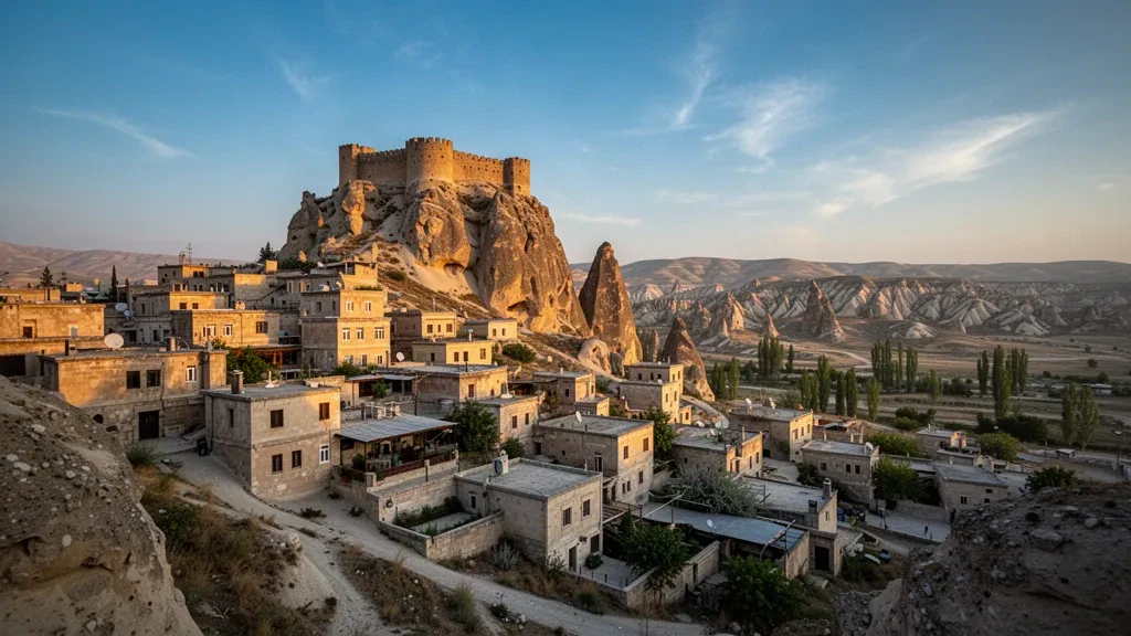Der Felsen der Burg von Nevşehir ragt in der goldenen Stunde über die Dächer von Nevşehir, Kappadokien, Türkei, mit Feenkaminen in der Ferne