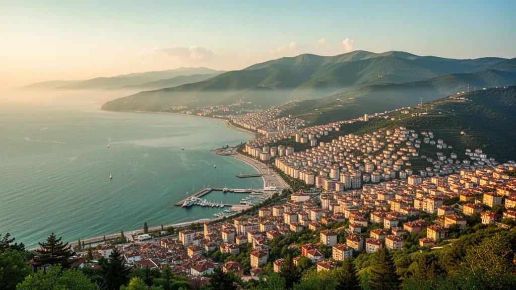 Vista elevada de Ordu, Turquía, con la costa del Mar Negro, edificios de la ciudad en la ladera, el puerto y montañas verdes durante la hora dorada.