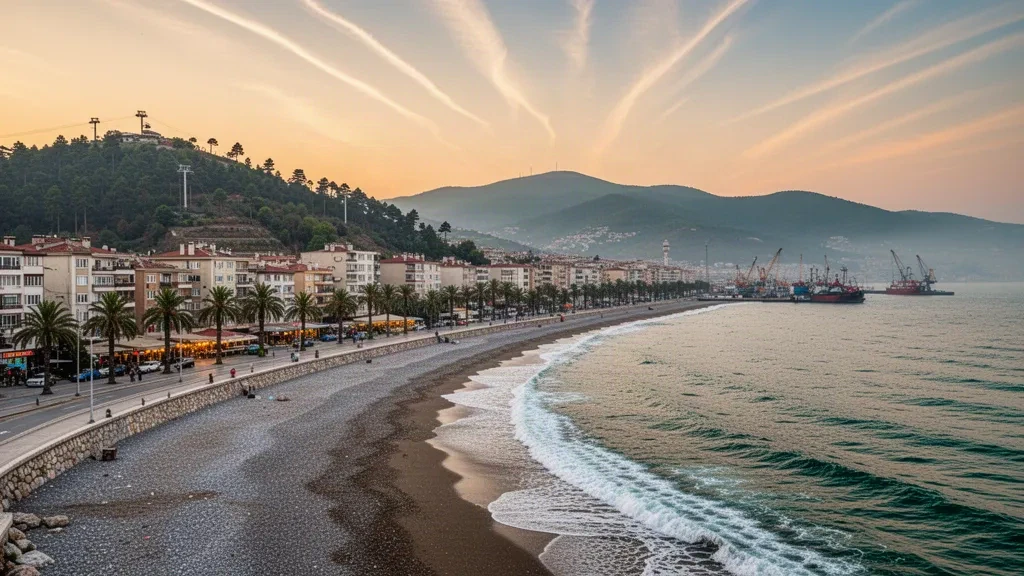 Vue à l'heure dorée du littoral de la mer Noire à Samsun, de la promenade en bord de mer et de la colline d'Amisos sous un ciel turc chaleureux