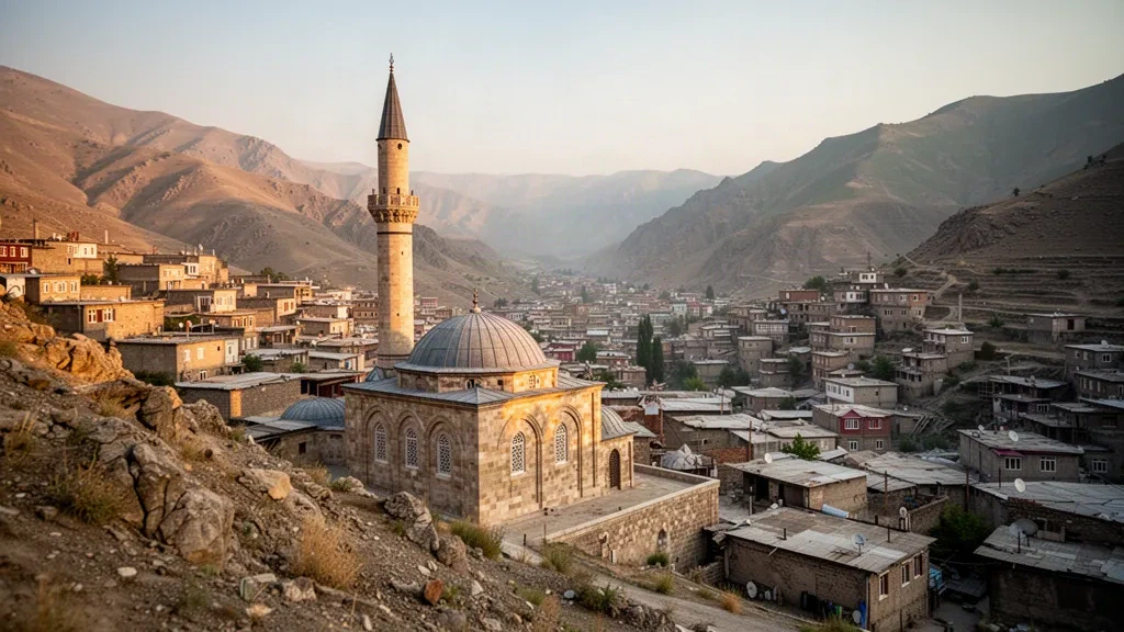 Vista a la hora dorada sobre Siirt, Turquía, con la histórica mezquita Ulu Cami, tejados de piedra y las crestas montañosas de los alrededores