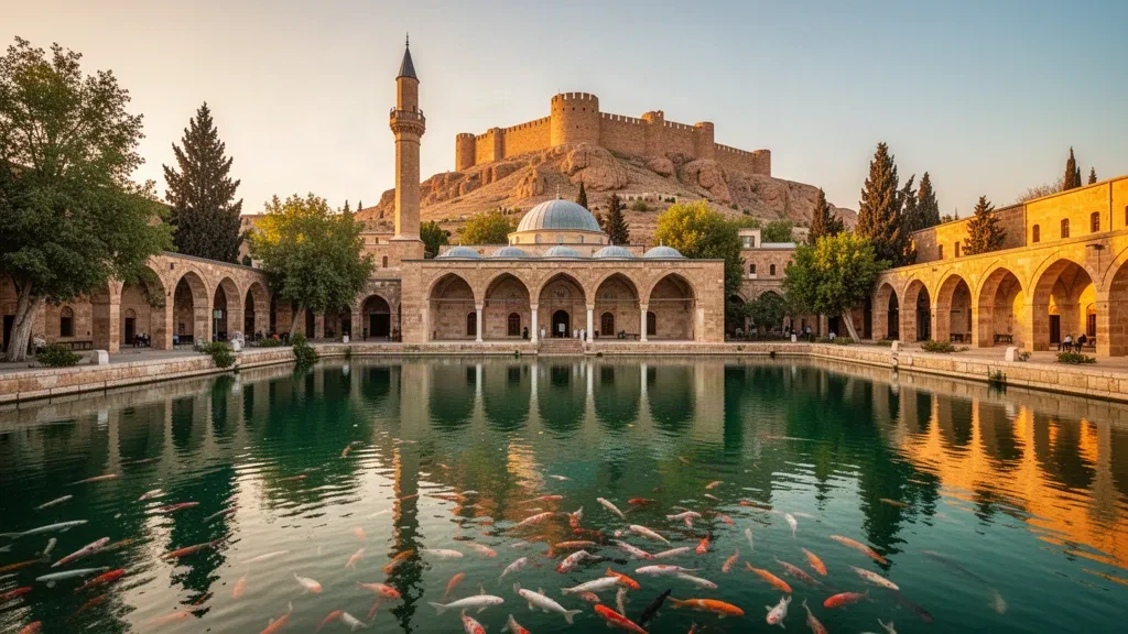 La piscina sacra di Balıklıgöl e la Moschea Rızvaniye a Şanlıurfa, Turchia, con il Castello di Urfa sulla collina durante l'ora d'oro.