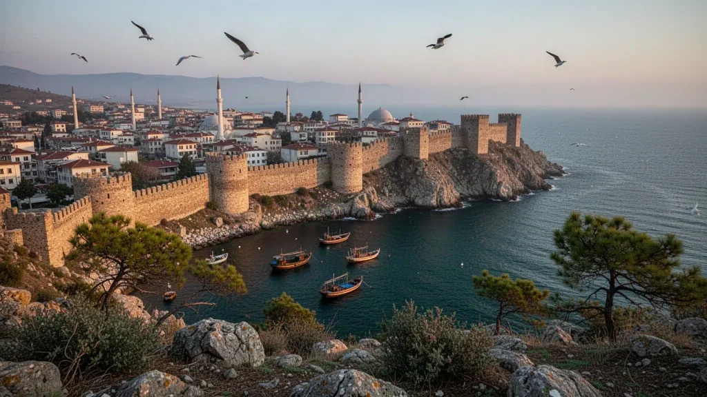 Historic Sinop Castle ramparts above the Black Sea harbour in Sinop, Turkey, glowing at golden hour on the Anatolian coast.