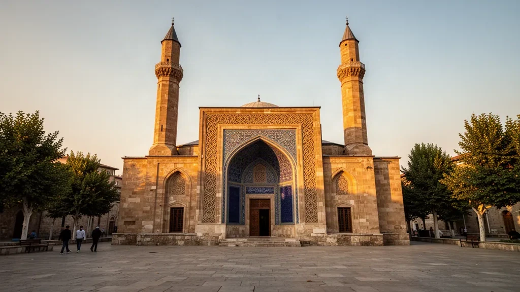 La histórica Madraza Gök en Sivas, Turquía, con minaretes gemelos y tallas selyúcidas en piedra bajo un cálido cielo dorado.