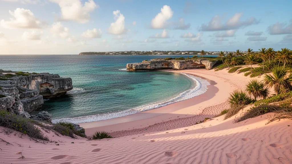 Pink sand and turquoise water at Horseshoe Bay Beach in Bermuda, framed by limestone rocks and coastal greenery.