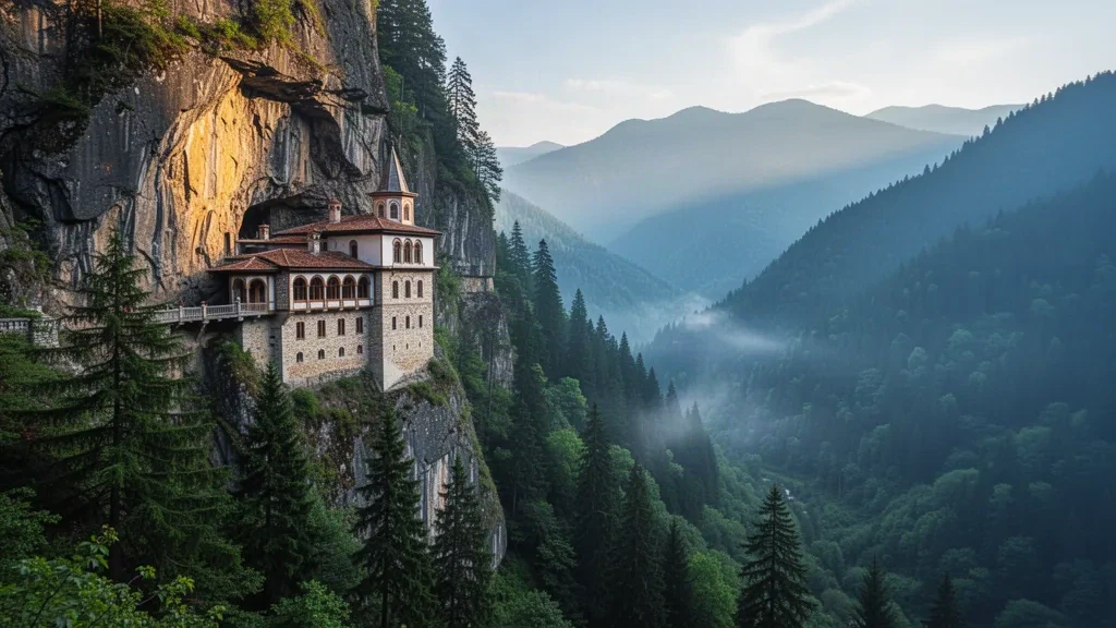 Sümela Monastery in Trabzon built into a forested cliff face, framed by misty Pontic Mountains in soft morning light