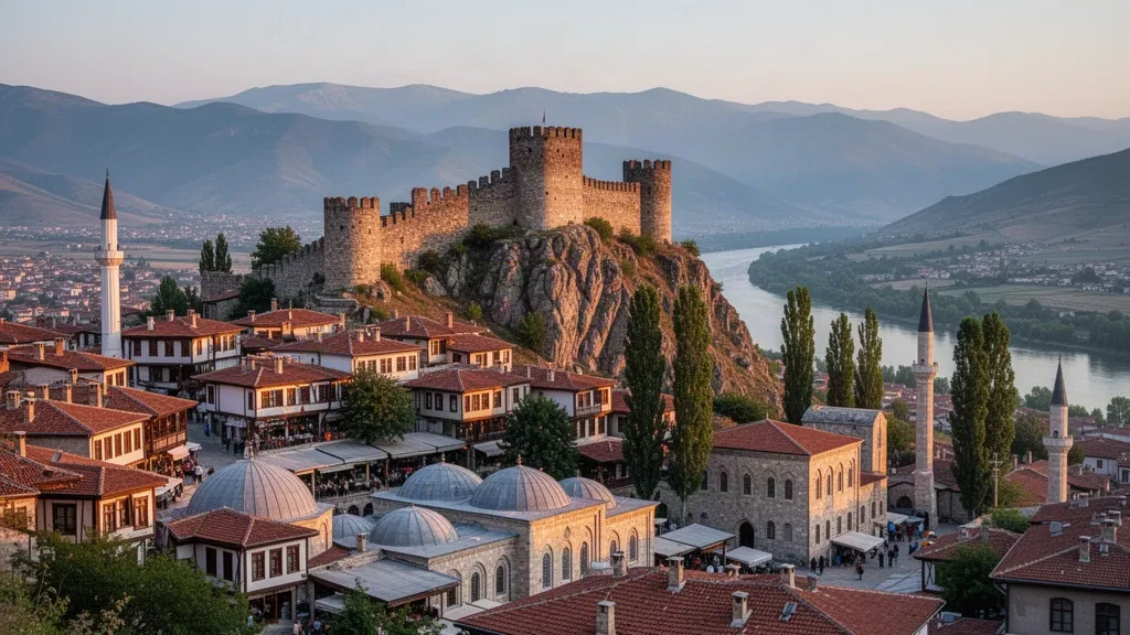 Die Burg von Tokat auf ihrem felsigen Hügel mit Blick über die historischen Dächer, Minarette und das alte Basarviertel von Tokat, Türkei